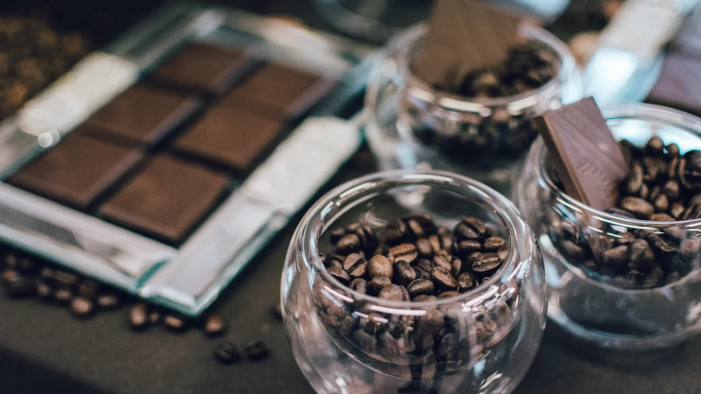 Panama specialty coffee - Dark Chocolate Bar And Coffee Beans In Bowls