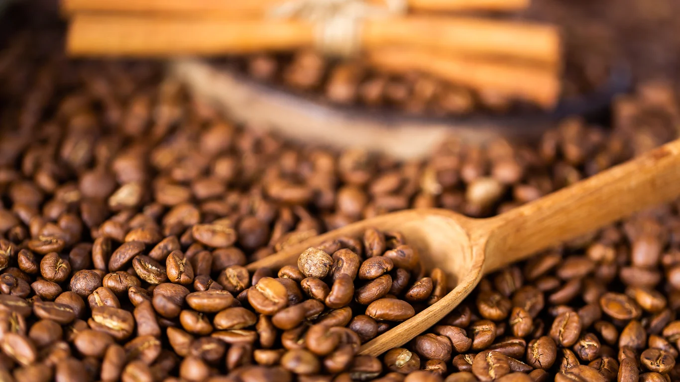 Panama specialty coffee - Roasted Coffee Beans And Cinnamon Sticks With Spoo